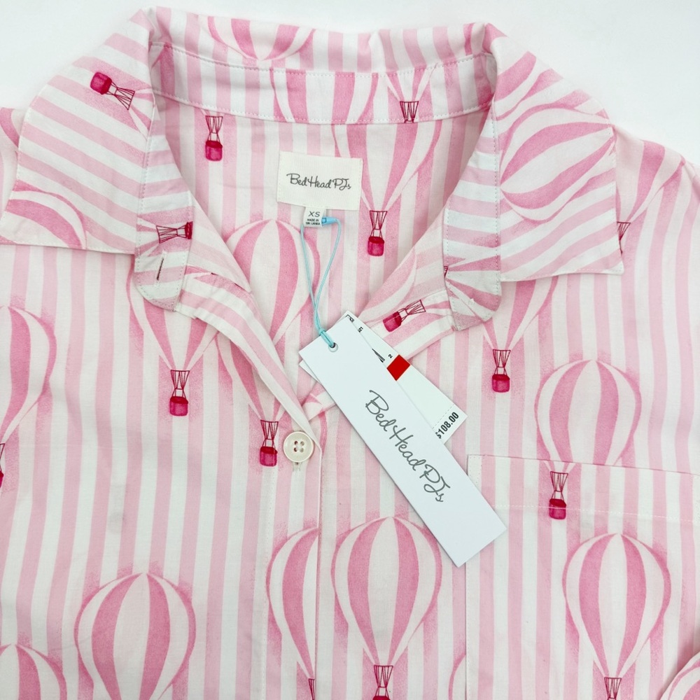 BedHead Pajamas PJ’s Ballon Ride Cotton Poplin Sleep Shirt Dress Pink White - Picture 8 of 16